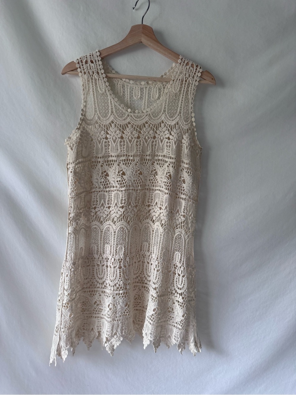 Ivory Crochet Lace Mini Dress Sheer Boho Tunic XS S - Picture 6 of 11